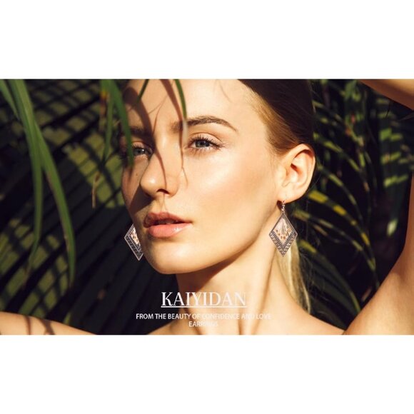 Diamond Shaped Brown Gold Boho Dangle Statement Vintage Dainty Earring for Women - Picture 5 of 9